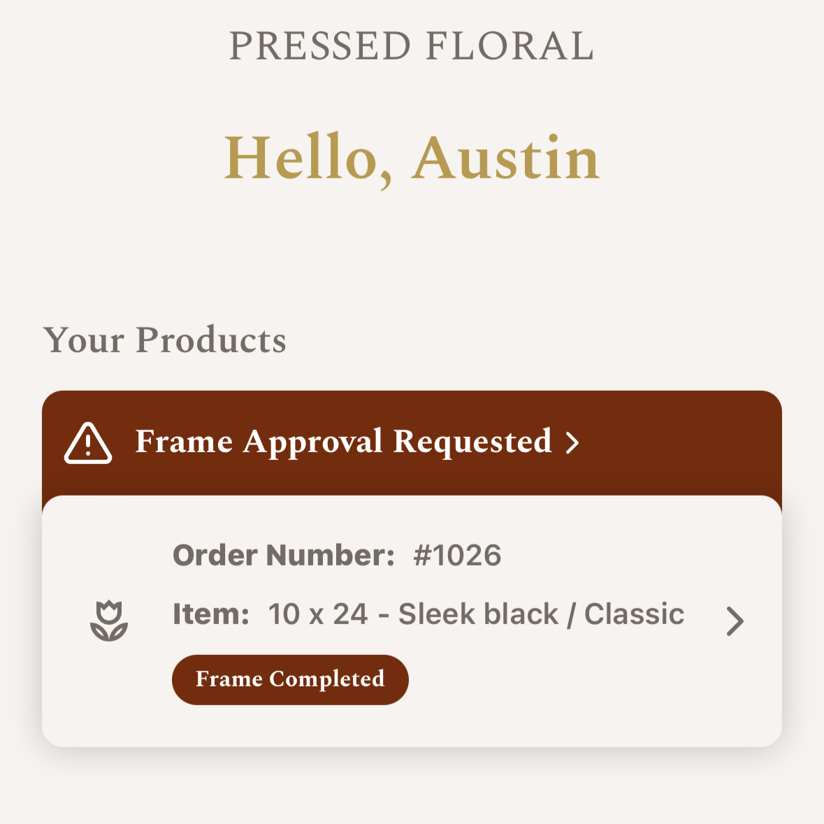 App screen showing a product with frame approval request on a white background